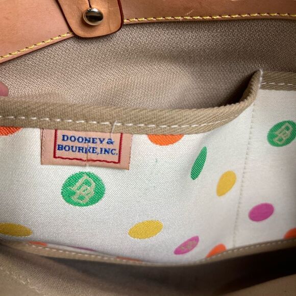 Dooney &Bourke Beige canvas multi color polka dots tan leather trim shoulder bag - Picture 13 of 16